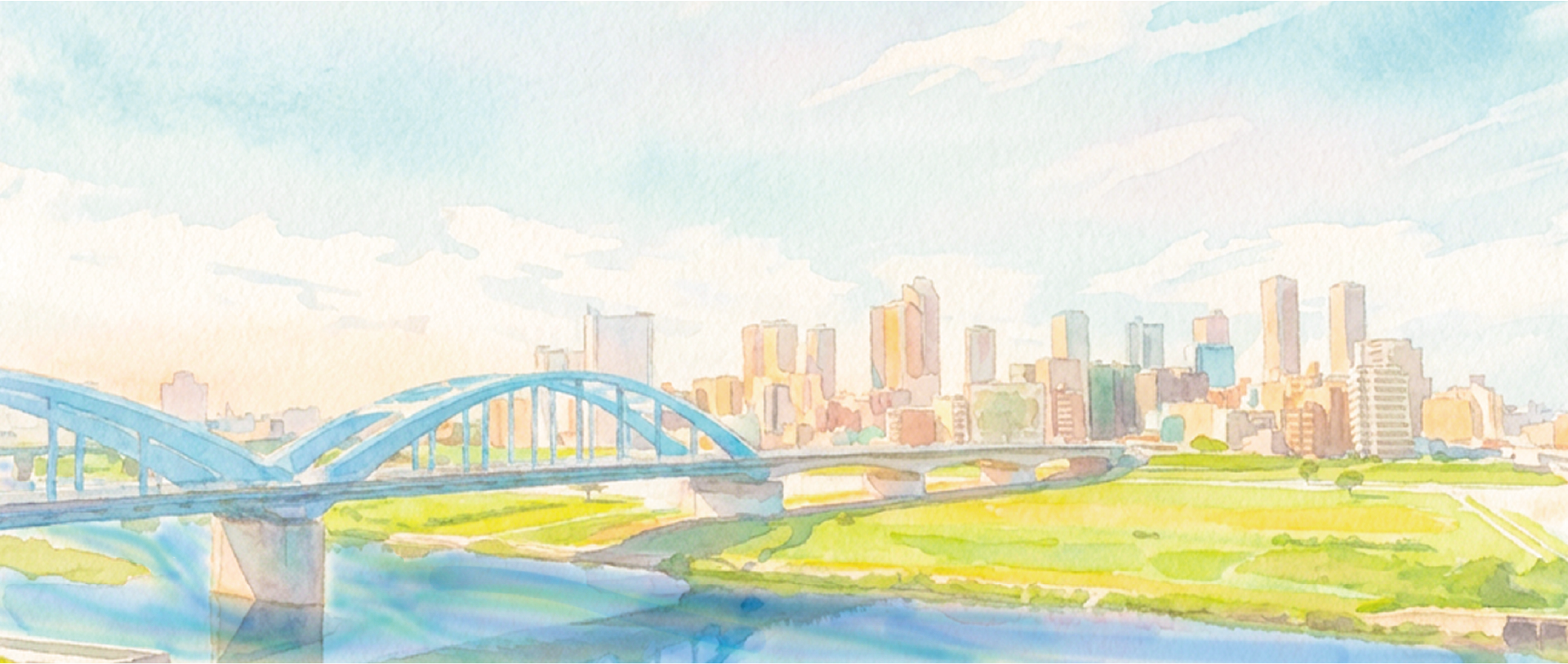 多摩川と高津区・武蔵小杉の街並みを描いた水彩画